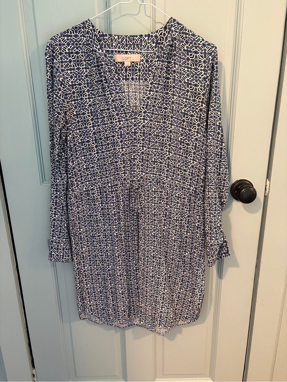 LOFT Navy & White Geometric V-Neck Tunic Dress
